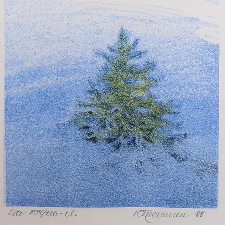 Litografi av Kjell Thorjussen, signert og datert 1988, 204/250, gullfarget ramme, rammeformat: 29 x 21cm, motivformat: 15 x 10cm Kontakt Lånekontoret for frakt