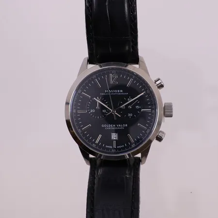 Herreur Hauger, Golden Valor, Ø 42 mm, modell GV420218, kronograf, stål, quartz. dato, caliber Ronda 5021D, 5 juveler, montert lærlenke, 2 ekstra lenker stål og silikon, boks, ytterboks  Kontakt Lånekontoret for frakt