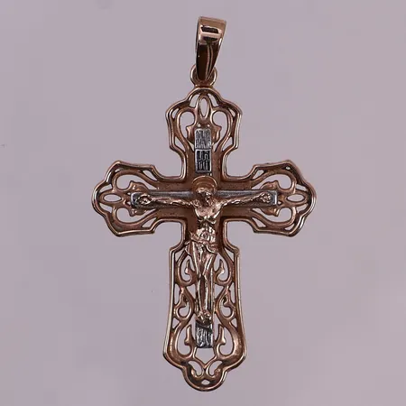 Anheng kors to-farget med kyrillisk skrift, Ukrainsk I.N.R.I og  "Frels og bevar", lengde 36 x 24,6 mm, 14K Vekt: 4 g Kontakt Lånekontoret for frakt