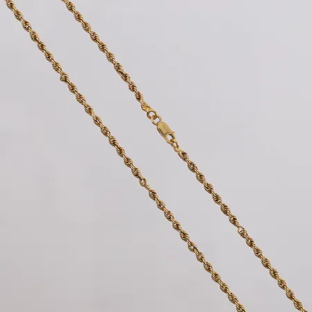Kjede Cordel, lengde 57cm, bredde 2,5mm, noe defekt mønster, 14K (OBS! Låsen er 18K) Vekt: 11,1 g Kontakt Lånekontoret for frakt