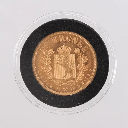 Gullmynt, Kong Oscar II, 20kr, år 1902, 21,6K, vekt = 8,96g, med myntkapsel og treboks (Den norske gullskatten) Kontakt Lånekontoret for frakt