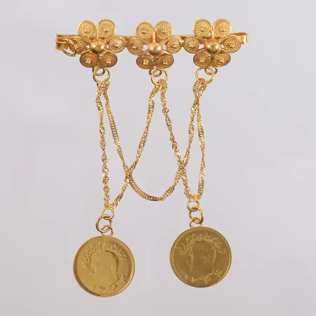 Nål/spenne med to mynter, 70x50mm, 18K Vekt: 10,9 g Kontakt Lånekontoret for frakt