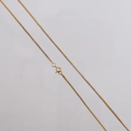Kjede, lengde 41cm, bredde 1,4mm, noe ujevnt mønster, 18K Vekt: 4,7 g Kontakt Lånekontoret for frakt