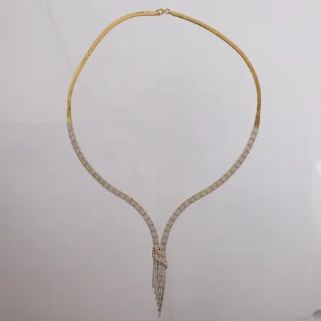 Halssmykke med blanke stener, lengde 47cm, bredde 2,9- 4,4mm, 18K, bruttovekt 27,6g Vekt: 0 g Kontakt Lånekontoret for frakt