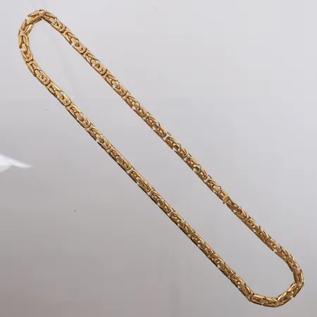 Kongekjede, lengde 55,5cm, bredde 6,5mm, slitt lås (sikkerhetslås fungerer), 18K Vekt: 154,2 g Kontakt Lånekontoret for frakt