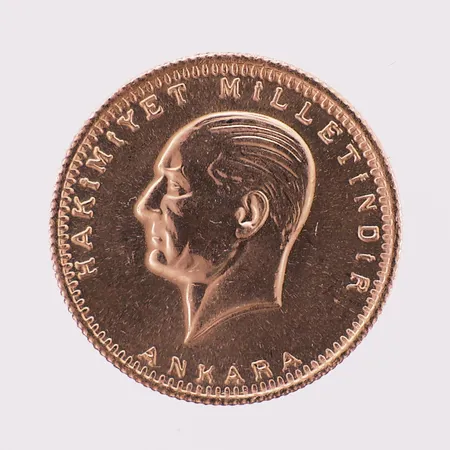 Gullmynt Atatürk 1923, Ø 22 mm, tykkelse 1,3 mm, 22K Vekt: 7,2 g Kontakt Lånekontoret for frakt