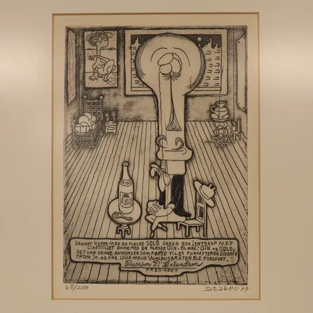 Grafisk trykk av Fredrik Stabel, tittel "Dannet herre med en flaske Solo", 68/200, år 1979, rammeformat: 37 x 30cm, motivformat: 20 x 14cm Kontakt Lånekontoret for frakt