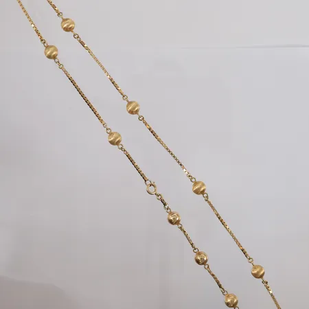 Kjede Veneziansk med kuler, lengde 95cm, bredde 1,8- 8mm, 14K Vekt: 31,3 g Kontakt Lånekontoret for frakt