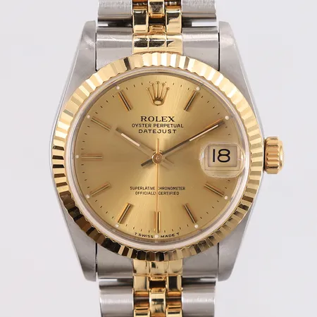 Rolex Datejust, Oyster Perpetual (T Swiss Made T), ref. 68273, ø31mm, automatisk, gull/stål, champagnefarget urskive, Jubilee-lenke, lenken har ref. 62523, safirglass, med boks, ytterboks, 4 løse/ekstra lenkebiter, manualer og chronometer-sertifikat Kontakt Lånekontoret for frakt
