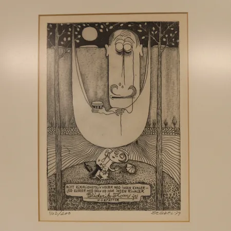 Grafisk trykk av Fredrik Stabel, tittel "Mitt kjærlighetsliv volder meg ingen kvaler - jeg elsker meg selv og har ingen rivaler", 162/200, år 1979, rammeformat: 37 x 30cm, motivformat: 20 x 14cm Kontakt Lånekontoret for frakt