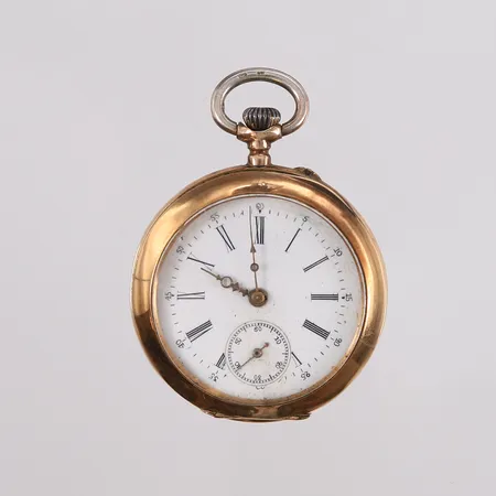 Lommeur, ø36mm, serienr. 388886, "Ancre Ligne Droite Spiral Breguet Balancier Coupé 15 Rubis", manuell, urverket går noe ujevnt, gravert baklokk, 14K, bruttovekt 35,4g Kontakt Lånekontoret for frakt