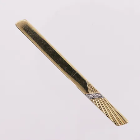 Slipsnål to-farget, lengde 6,7 cm, bredde 5,7 mm, metall bakstykke, Mestergull, 14K Vekt: 5,2 g Kontakt Lånekontoret for frakt