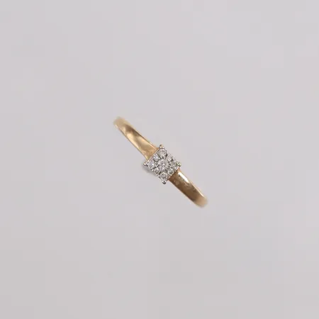Ring med 9 stk. diamanter (totalt 0,08ct iht. medfølgende kvittering), ø15,5mm, bredde 1,1- 4,1mm, 9K, bruttovekt 1,1g Vekt: 0 g Kontakt Lånekontoret for frakt