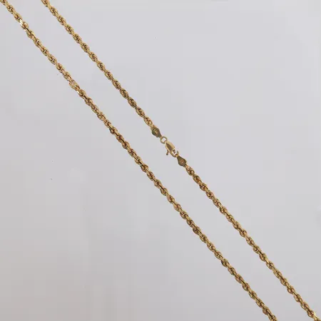 Kjede Cordel, lengde 60,5cm, bredde 3mm, defekt lås, 14K Vekt: 23 g Kontakt Lånekontoret for frakt