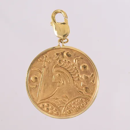 Mynt i ramme Bergen 1070-1970, 900/1000. Ramme og lås i 14K, mynt i 21K, bruttovekt 58,2 g. Kontakt Lånekontoret for frakt