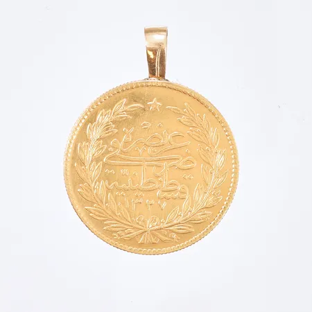 Anheng/mynt, hempe 14K, Ø 34,8mm, 21K Vekt: 36,4 g Kontakt Lånekontoret for frakt