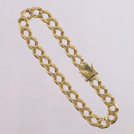 1 armbånd i panser, lengde 23,5 cm, bredde 8,4 mm, 14K. Vekt: 33,1 g Kontakt Lånekontoret for frakt