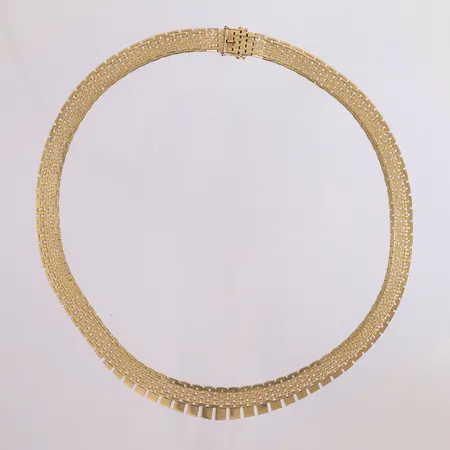 Halskjede Murstein, lengde 42cm, bredde 8,4 - 12,3mm, 14K Vekt: 39,9 g Kontakt Lånekontoret for frakt