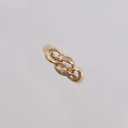 Ring med to blanke stener, ø17,9mm, bredde 1,2- 7,2mm, noe bulkete, stemplet, 14K, bruttovekt 1,7g Vekt: 0 g Kontakt Lånekontoret for frakt