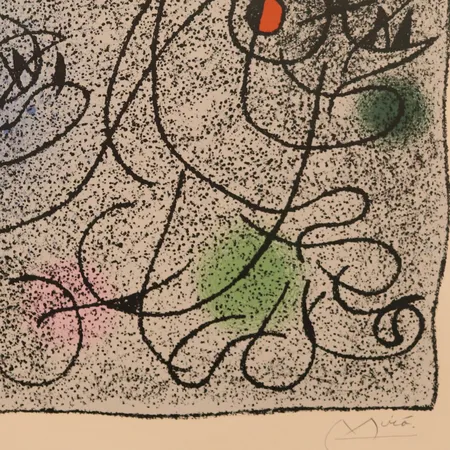 Litografi av Joan Miró, kolorert, signert, 83/250, rammeformat: 73 x 60 cm, motivformat: 50 x 35 cm Vekt: 0 g Kontakt Lånekontoret for frakt