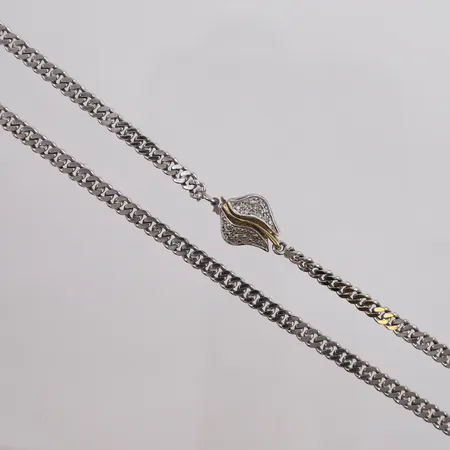 Kjede Panser med anheng og diamanter (52 x ca. 0,008ct), to-farget, lengde 58cm, bredde 5mm, stemplet, defekt lås, hvitt gull, 14K, bruttovekt 43,4g Vekt: 0 g Kontakt Lånekontoret for frakt