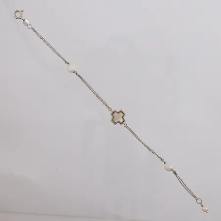 Armbånd med perler og perlemor, lengde ca 18cm, bredde ca 2mm, skadet perlemor, 18K gull. Vekt: 3,5 g Kontakt Lånekontoret for frakt