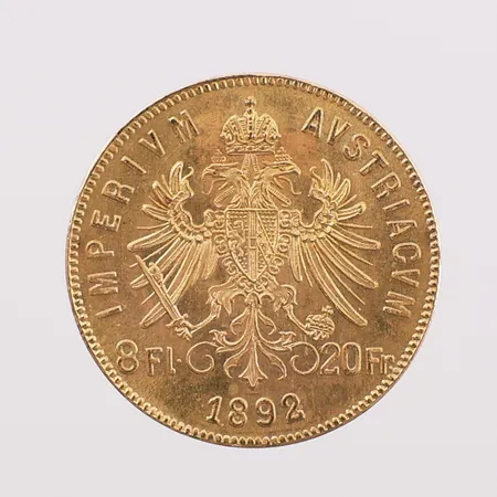 Mynt 8 florin, Østerrike-Ungarn Franz Joseph I, år 1892, 21,6K Vekt: 6,5 g Kontakt Lånekontoret for frakt