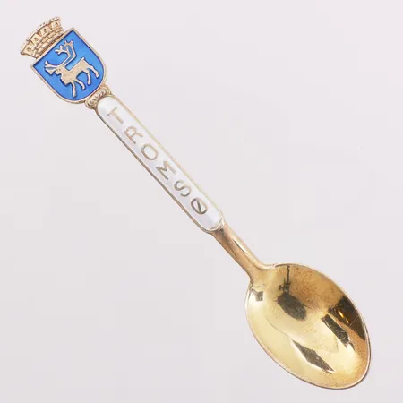 Suvenirskje med emalje, Tromsø, forgylt, lengde 9,8 cm, Aksel Holmsen, 925S Vekt: 8,9 g Kontakt Lånekontoret for frakt