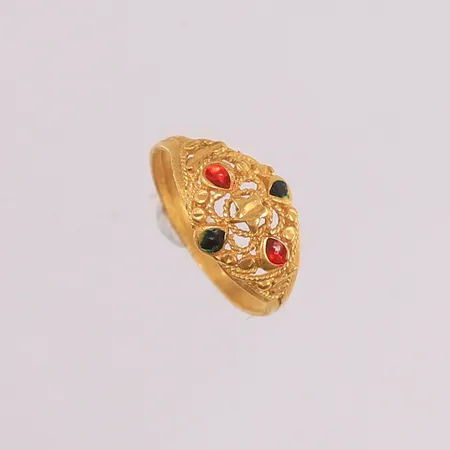 Barnering med grønne og røde stener, ø12mm, bredde 1,4- 6,8mm, 22K, bruttovekt 0,9g Vekt: 0 g Kontakt Lånekontoret for frakt