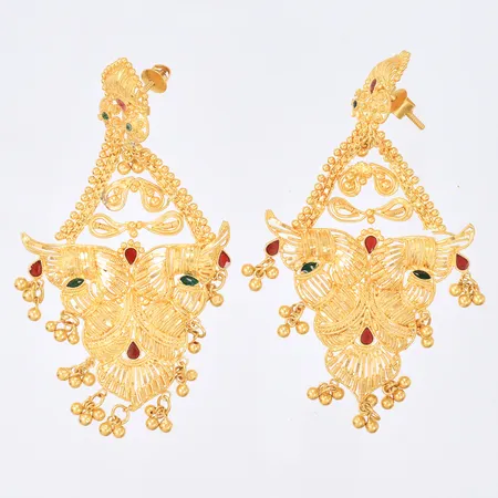 Ett par øredobber med røde og grønne stener, 72x42mm, 22K, bruttovekt 28,3g Vekt: 0 g Kontakt Lånekontoret for frakt