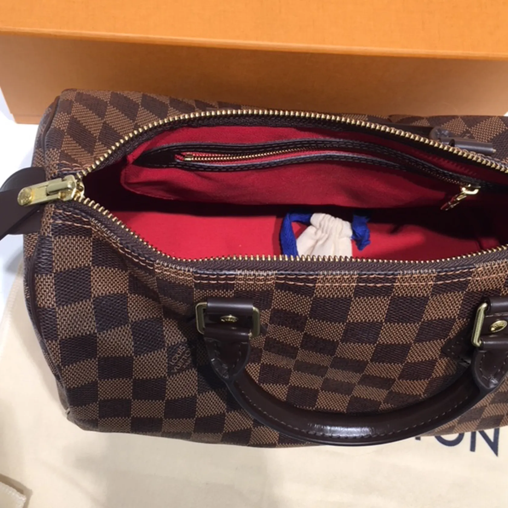 Authentic LOUIS VUITTON Damier Ebene Speedy 30 N41364 with red lining