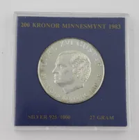 Minnesmynt 200kr, silver 925/1000, 1983, Carl XVI Gustaf, Ø ca 36 mm, fodral Vikt: 27 g