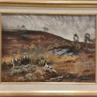 Tavla, landskap med jakthund, Lindorm Liljefors, olja på pannå, signerad, daterad 1966, bild ca 44,5x31,5cm, rammått ca 63x51cm, obetydlig färgskada. Vikt: 0 g