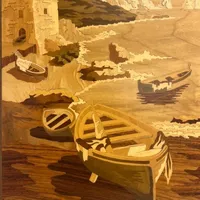 Tavla, båtar, intarsiadekor, ca år 2000, mått 52x41cm, trä, Unione Artigiani Intarsio Sorrentino, Italy  Vikt: 0 g Skickas med postpaket.