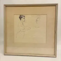 Tavla, tuschteckning, skiss av Per Wästberg och Stig Carlson, Birger Lundquist (1910-1952), signerad i trycket, 20x25cm, gulnad, spricka i glas.  Vikt: 0 g