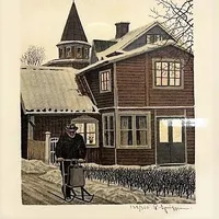 Tavla, färglitografi, Reinhold Ljunggren (1920-2006), Motiv från Trosa, bildstorlek 20,5x16cm, ram med smärre slitage