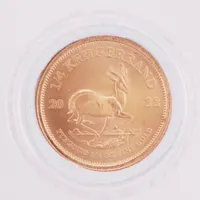 Mynt, 1/4 Krugerrand "Sud Africa, South Africa, 20-22, Fyngoud 1/4OZ Fine Gold", Ø22mm, plastetui. 22K  Vikt: 8,5 g