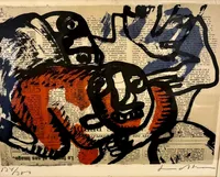 Tavla, färglitografi, Bengt Lindström (1925-2008), Eddan, numrerad 134/300, signerad, bildmått ca 22x29cm, gulnad i blad Vikt: 0 g Skickas med postpaket.