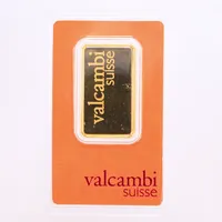 Guldtacka Valcambi Suisse, ca 38x22x2,7mm, serienr AB815336, 999,9/1000, 1 oz, bruten plombering. 24K Vikt: 31,1 g