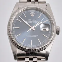 Herrur Rolex Datejust, stål, automatisk, 36mm, ref: 16220, snr: L285727, ca 1988 safirglas, räfflad stålring, jubileelänk, viklås, inga tillbehör.