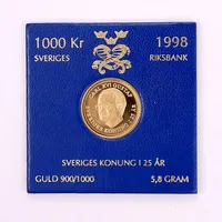 Guldmynt, 1000Kr, Sveriges Riksbank, Carl XVI Gustaf Sveriges Konung 25 år, För Sverige i tiden, i etui, 21,6K, 5,8g Vikt: 5,8 g