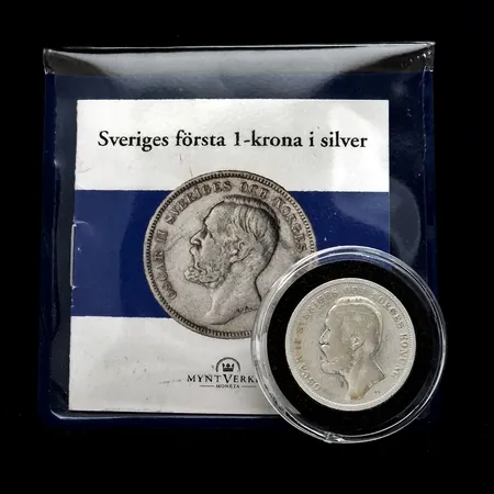 Silvermynt, Oscar II, 1 Krona 1901, 80%, förvaras i myntkapsel, informationshäfte från Moneta medföljer liksom plastficka Vikt: 7,5 g