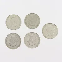Mynt 5st 5kr 1954-1955, silver 400/1000 Vikt: 90,5 g