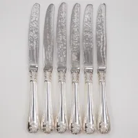 6 Knivar, modell Gammal Fransk, 21cm, blad i rostfritt stål, LIDK år 2003, repiga, Silver 830/1000 bruttovikt 497g Vikt: 497 g