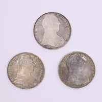 3 Silvermynt, Maria Theresia, 1 Thaler 1780, senare produktion (1900-tal), Ø40,5 mm, fint skick, etui, silver Vikt: 84 g