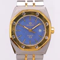Armbandsur Berios, Swiss quartz, ca 32mm, blå urtavla, datum, stål/gulmetall, justerbar länk, 1980-1989  Vikt: 0 g