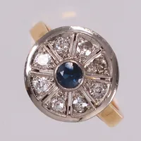 Ring med blå safir, nagg, samt gammalslipade diamanter ca 0,30ctv, (P), stl 16½, bredd 14,3mm, Stjärnagat AB, år 1963, rödguld i skena 18K  Vikt: 6,1 g