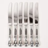 Sex bordsknivar, modell Prins Albert, längd ca 21cm, GAB, 1990/2000-tal, med linda, silver och stålblad, bruttovikt 414,9g 