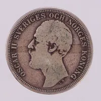 Mynt Oscar II Sveriges och Norges konung - 2 kronor 1880, Ø31mm. 800/1000 silver  Vikt: 14,6 g