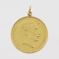 Mynt/hänge 20 kronor Danmark 1915, diameter 22.9 mm, 21.6 k. Vikt: 9,1 g
